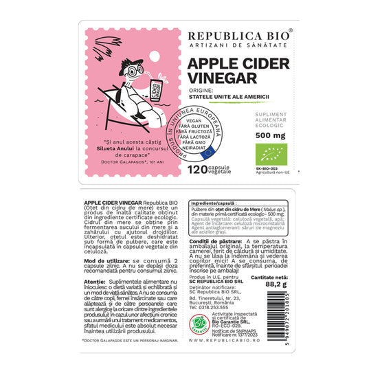 Apple Cider Vinegar (Otet din Cidru de Mere) ecologic Republica BIO, 120 capsule